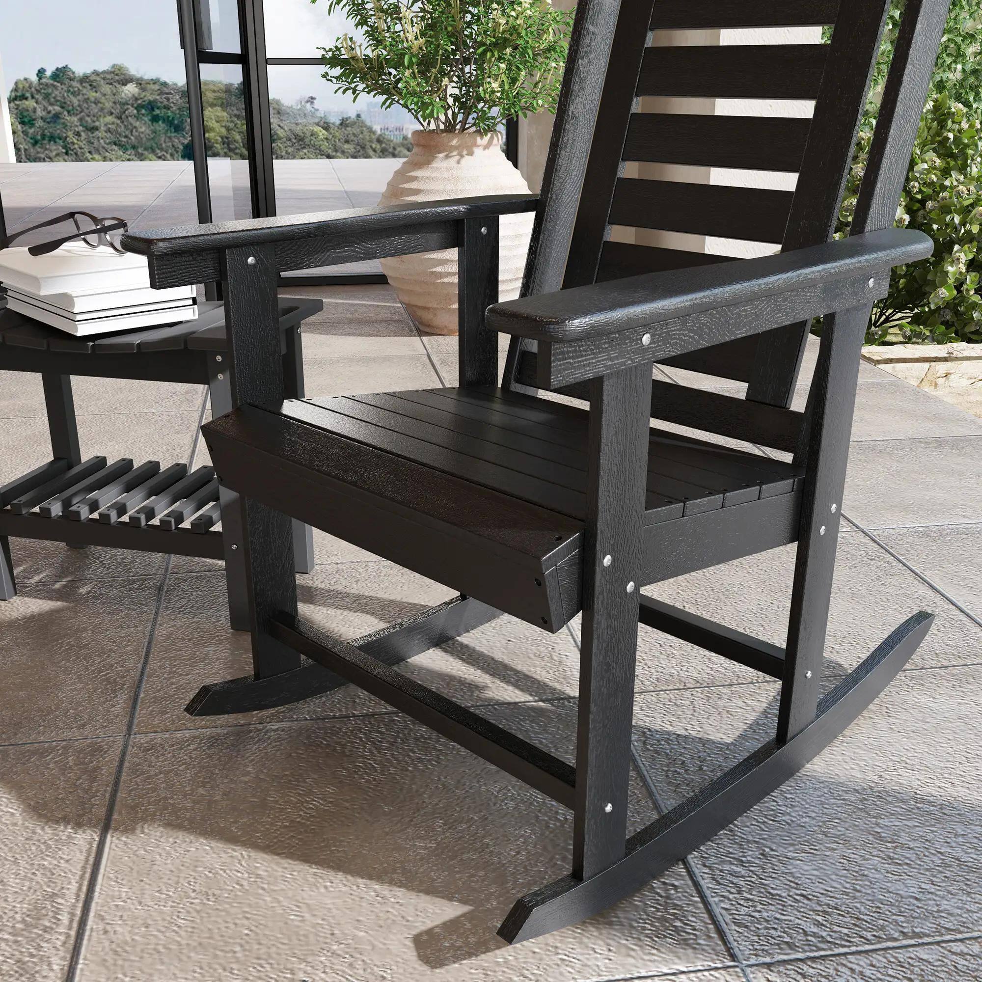 Back. Resenkos - Resenkos 2-Piece HDPE Rocking Chairs, 28" Tall Back, Comfortable Wide Arms, Patio Porch Seating, Black - Black.