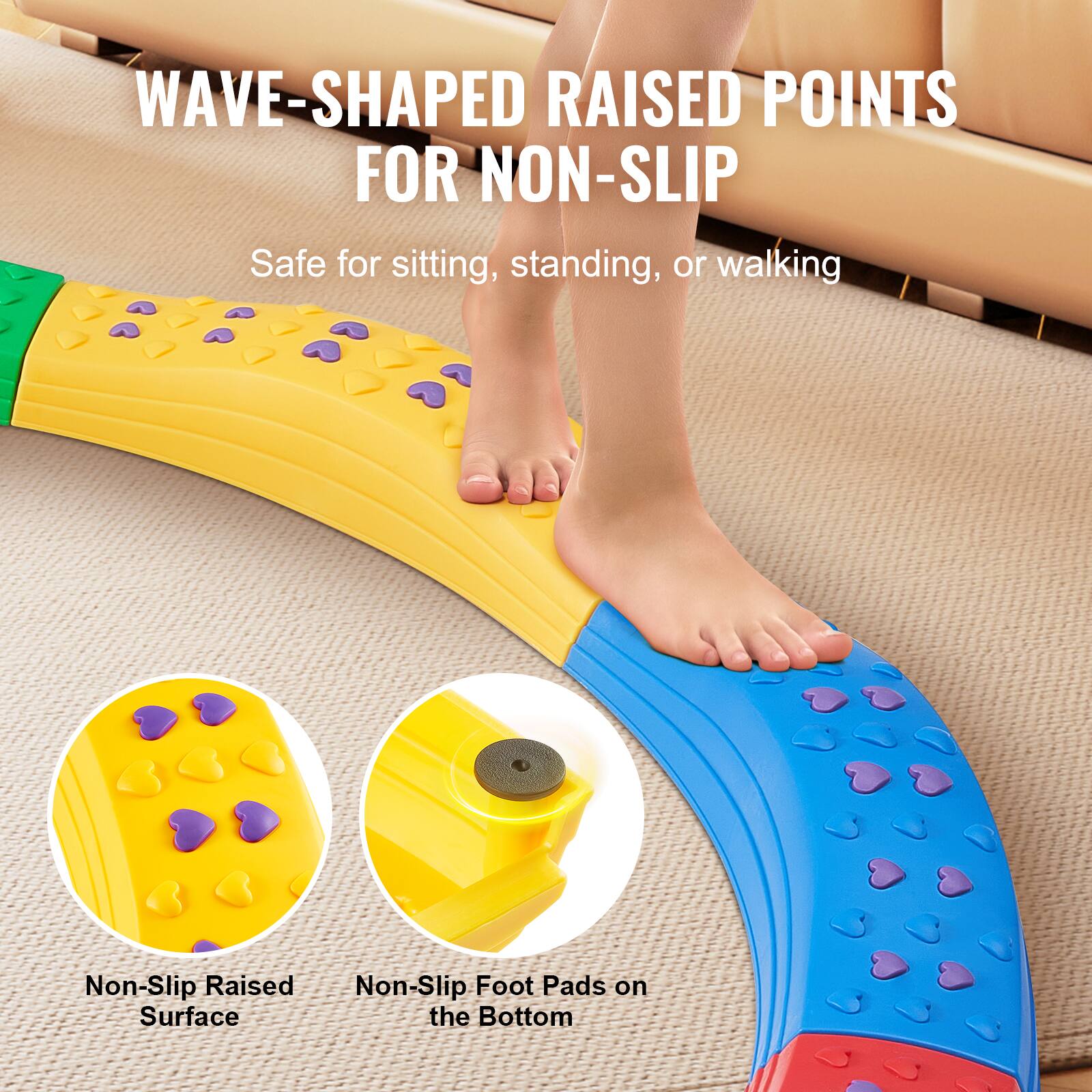 WAVE-SHAPED RAISED POINTS FOR NON-SLIP

Safe for sitting, standing, or walking

Non-Slip Raised Surface

Non-Slip Foot Pads on the Bottom