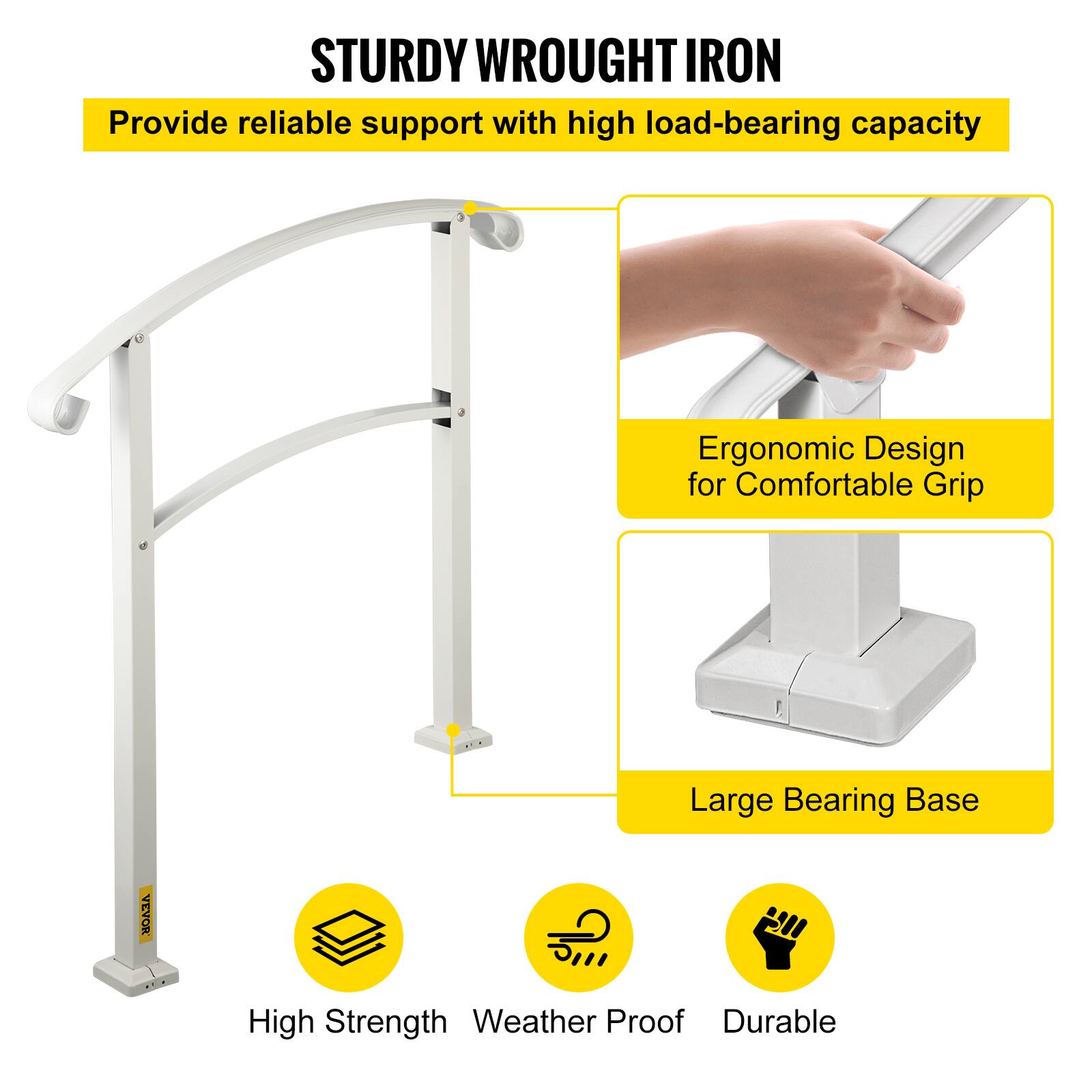 STURDY WROUGHT IRON, Provide reliable support with high load-bearing capacity, Ergonomic Design for Comfortable Grip, Large Bearing Base, High Strength, Weather Proof, Durable