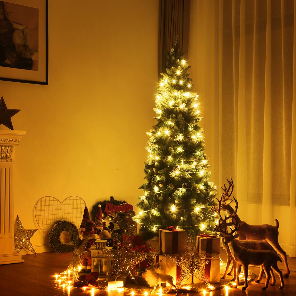 Alt View 13. Costway - 6ft Snow Flocked Unlit Pencil Christmas Tree Hinged Pine Cones - Green/White.
