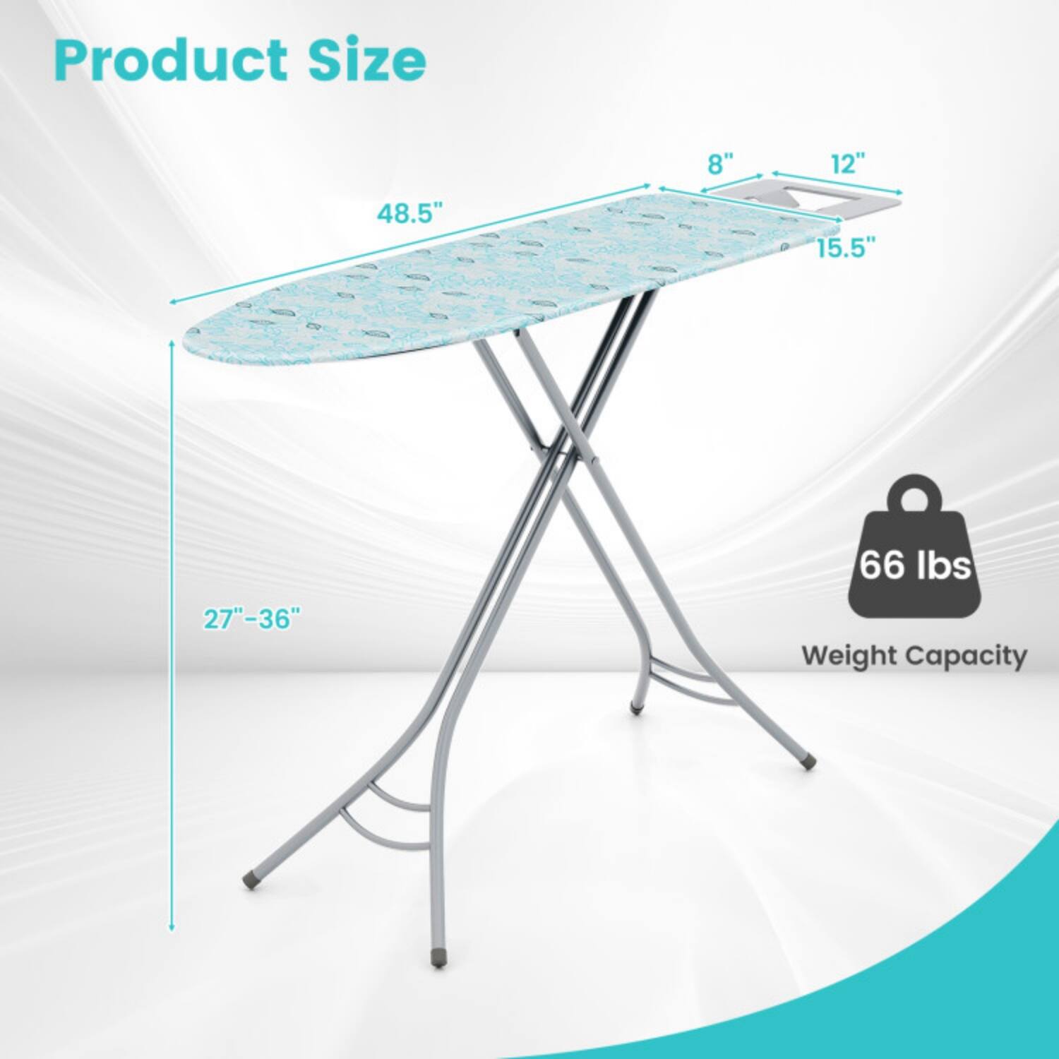 Product Size:  
- 8"  
- 12"  
- 48.5"  
- 15.5"  
- 27"-36"  

Weight Capacity: 66 lbs