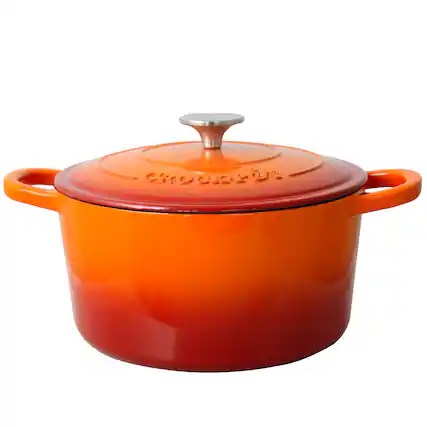 Front. Crockpot - Crock Pot Artisan 5 Quart Round Enameled Cast Iron Dutch Oven in Sunset Orange - Orange.
