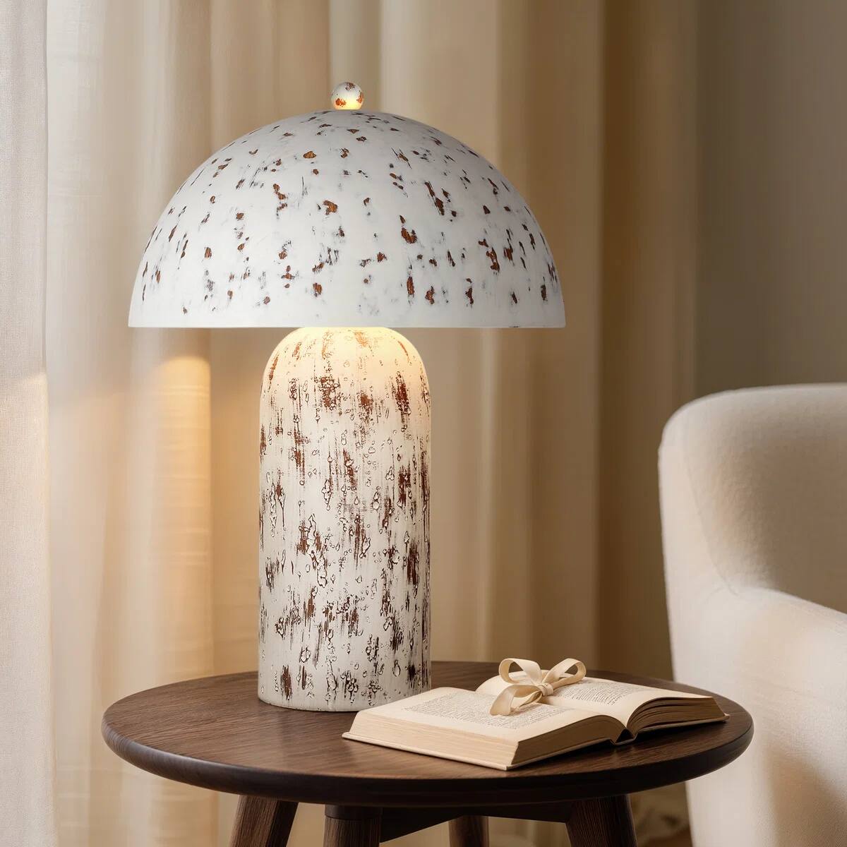 Left. partphoner - Vintage White Distressed Mushroom Table Lamp - White.