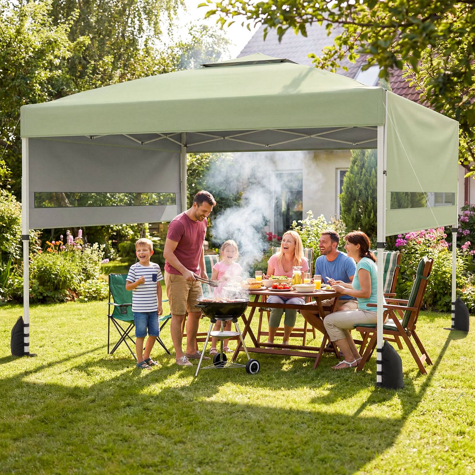 Alt View 3. Costway - Costway 10x17 FT Pop Up Canopy Tent with Dual Adjustable Awnings, Silver-Coated Fabric - Green.