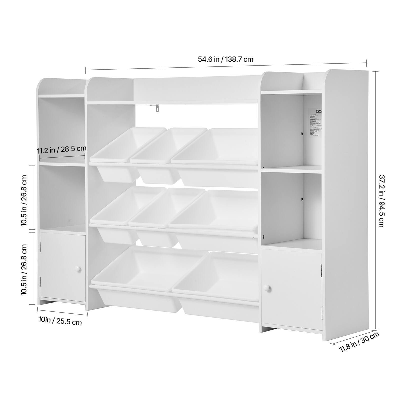 Here is the corrected and grouped text from the image:

- Height: 54.6 in / 138.7 cm
- Shelf height: 11.2 in / 28.5 cm
- Shelf depth: 10.5 in / 26.8 cm
- Overall depth: 10.5 in / 26.8 cm
- Overall width: 37.2 in / 94.5 cm
- Overall height: 30 in / 76.2 cm
- Shelf spacing: 11.8 in / 30 cm
- Shelf depth: 10.5 in / 26.8 cm
- Shelf height: 11.2 in / 28.5 cm
- Overall width: 37.2 in / 94.5 cm
- Overall depth: 10.5 in / 26.8 cm
- Overall height: 54.6 in / 138.7 cm