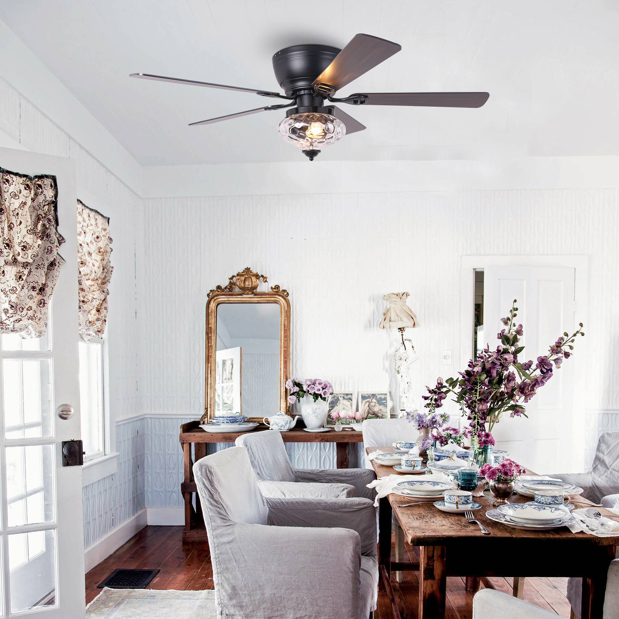 Back. Parrot Uncle - 52" Traditional Black 5-blade Glass Low Profile Ceiling Fan with Remote - Black.