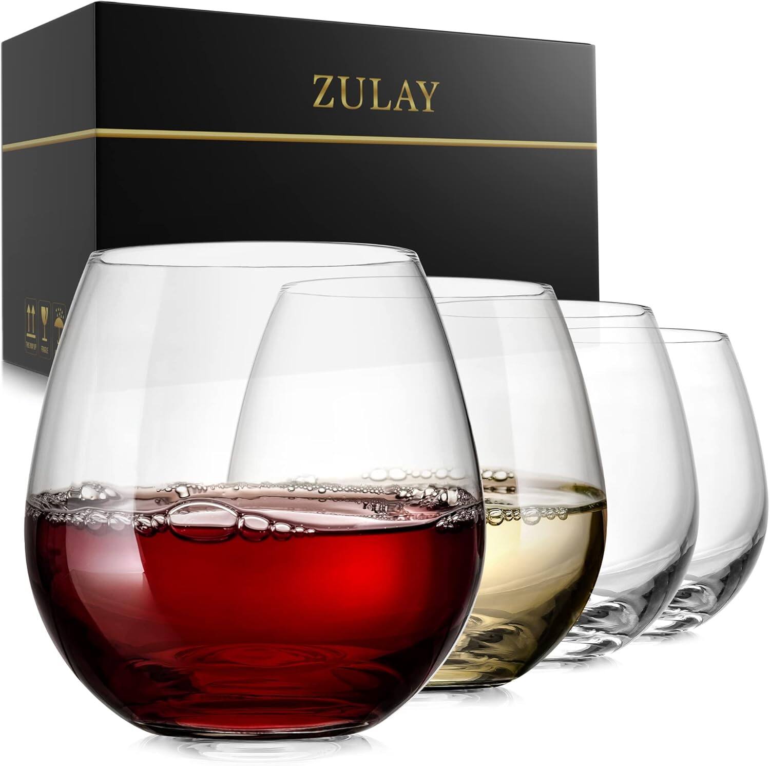 Front. Zulay Kitchen - Zulay Kitchen Premium Class Stemless Wine Glasses Set of 4 - 14.5 Ounce Stemless Wine Glass Set For Red & White Wine - Transparent.