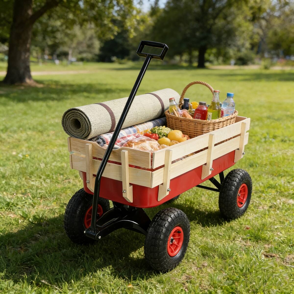 Back. Loheer - Loheer Garden Wagon Cart with Removable Wood Sides, Air Tires and Adjustable Handle, Red.