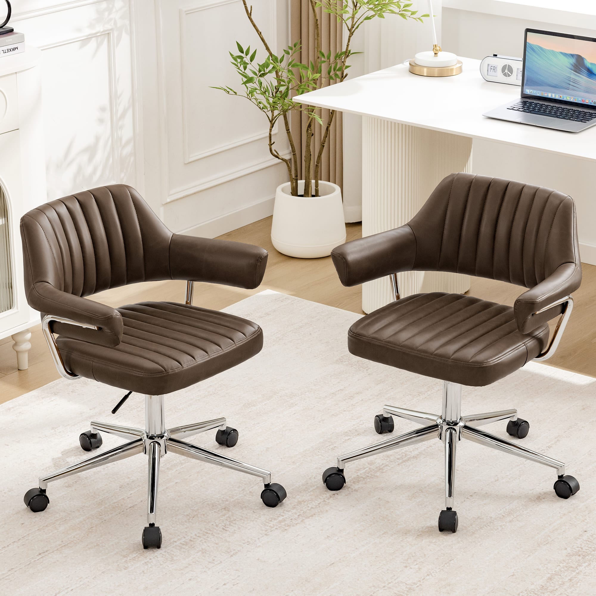 KERDOM - Swivel Upholstery Vanity Chair with Arms, Adjustable Height Desk Chair for Home Office Study Makeup Dresser, PU Leather - Coffee-2PCS