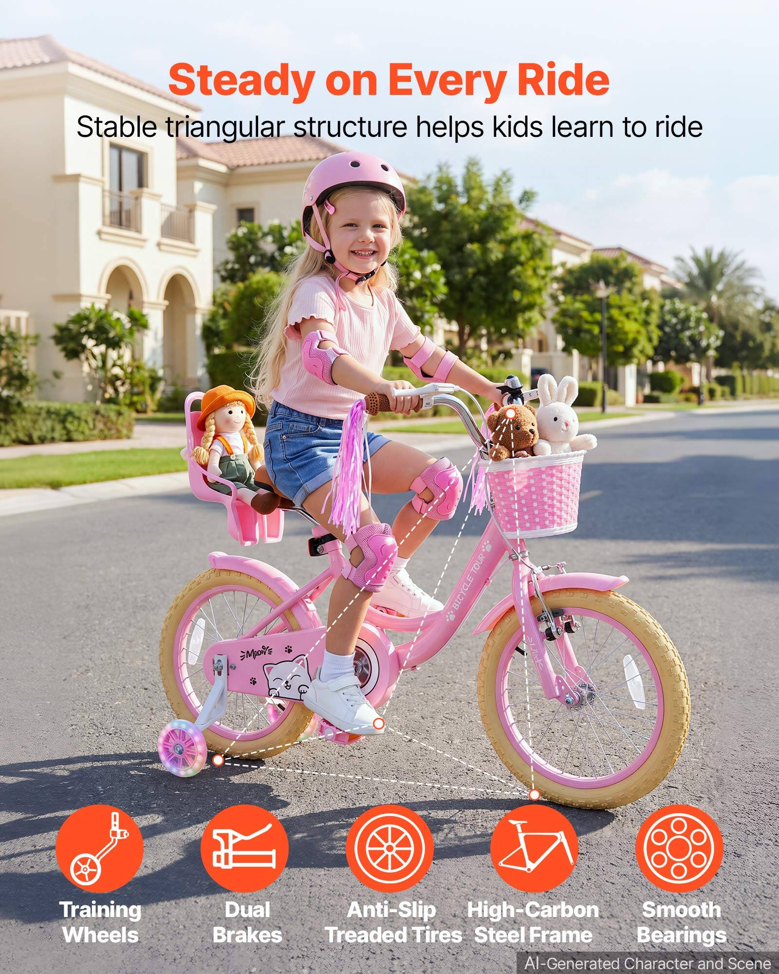 Steady on Every Ride  
Stable triangular structure helps kids learn to ride  

TOUR YCLE BIC  
MpoiY= $  

Training Wheels  
Dual Anti-Slip High-Carbon Smooth Brakes Treaded Tires Steel Frame Bearings  

AI-Generated Character and Scene