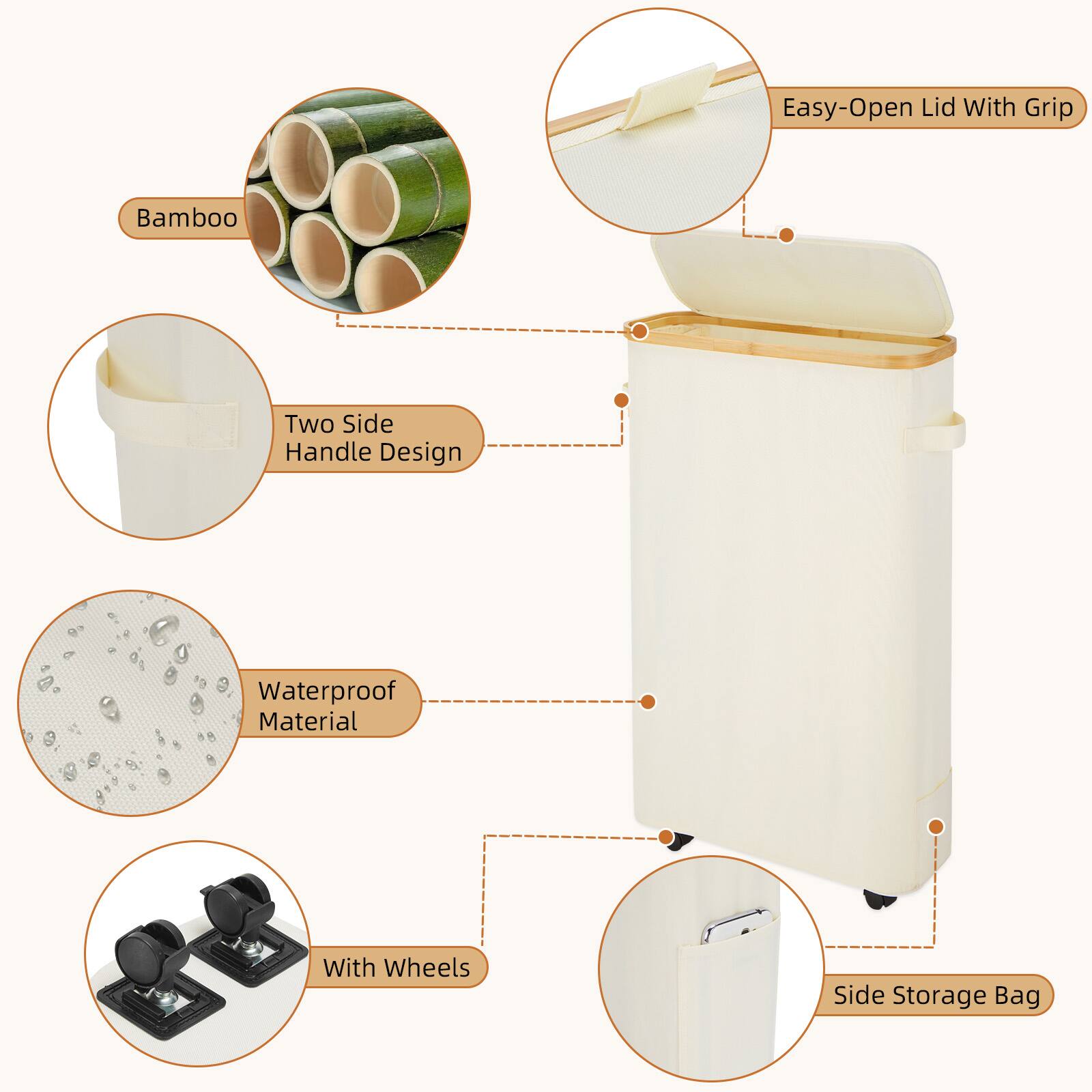 Easy-Open Lid With Grip, Bamboo, Two Side Handle Design, Waterproof Material, With Wheels, Side Storage Bag