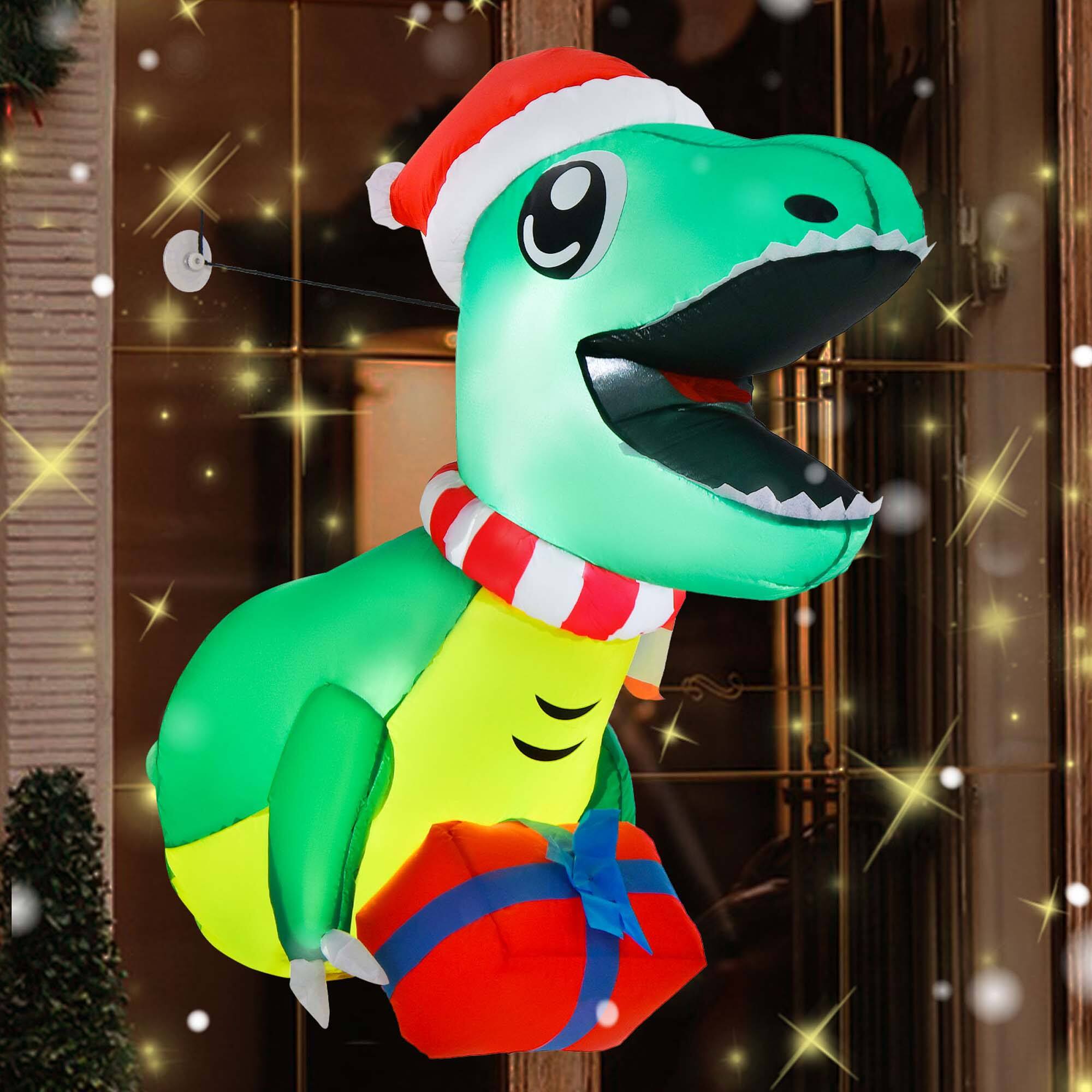 Alt View 3. Costway - 3.3' Christmas Inflatable Dinosaur Broke Out from Window Hanging Window Dinosaur - Multicolor.