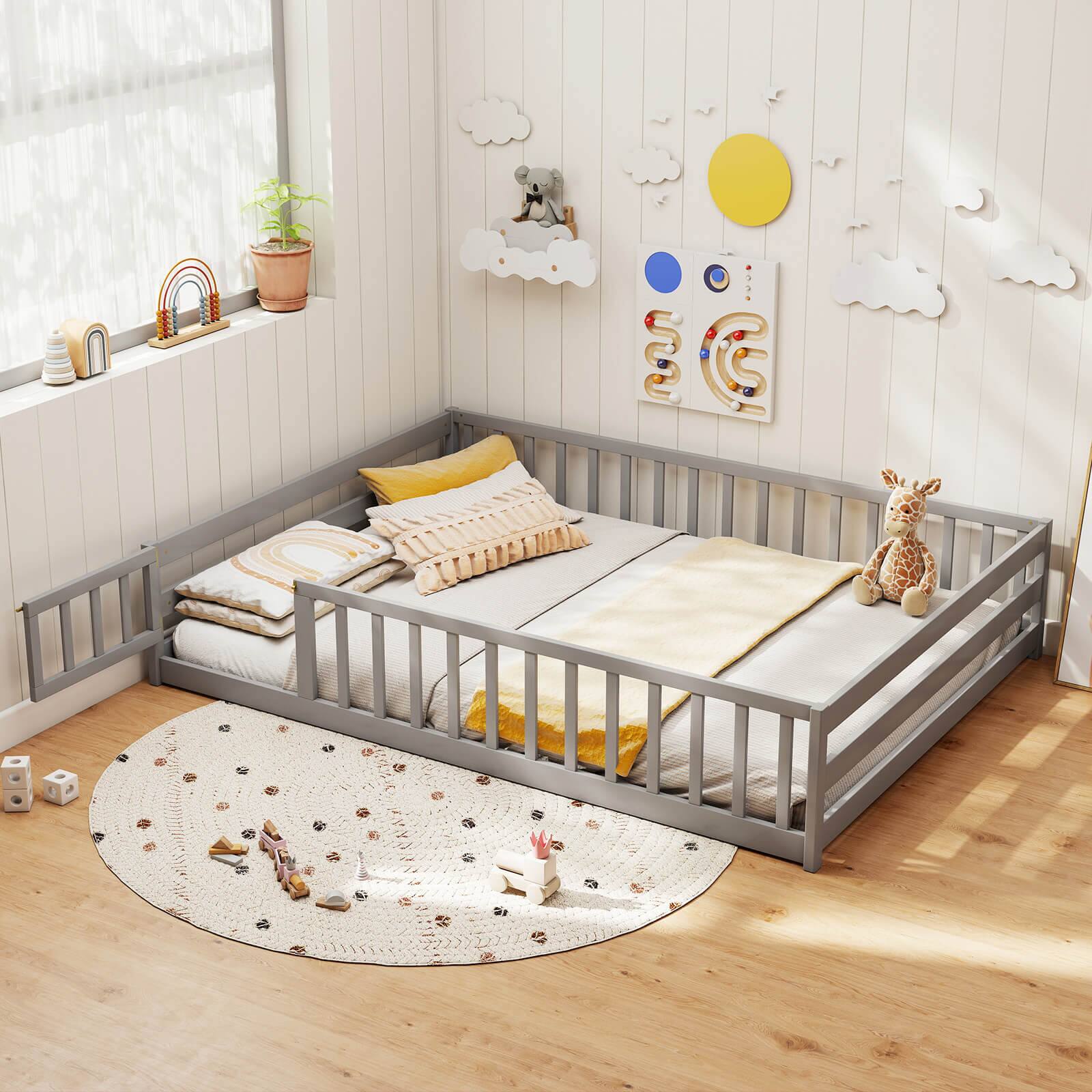 Alt View 1. Costway - Costway Full Size Floor Bed with Full Length Safety Guardrails & Door for Boys, Girls - Gray.