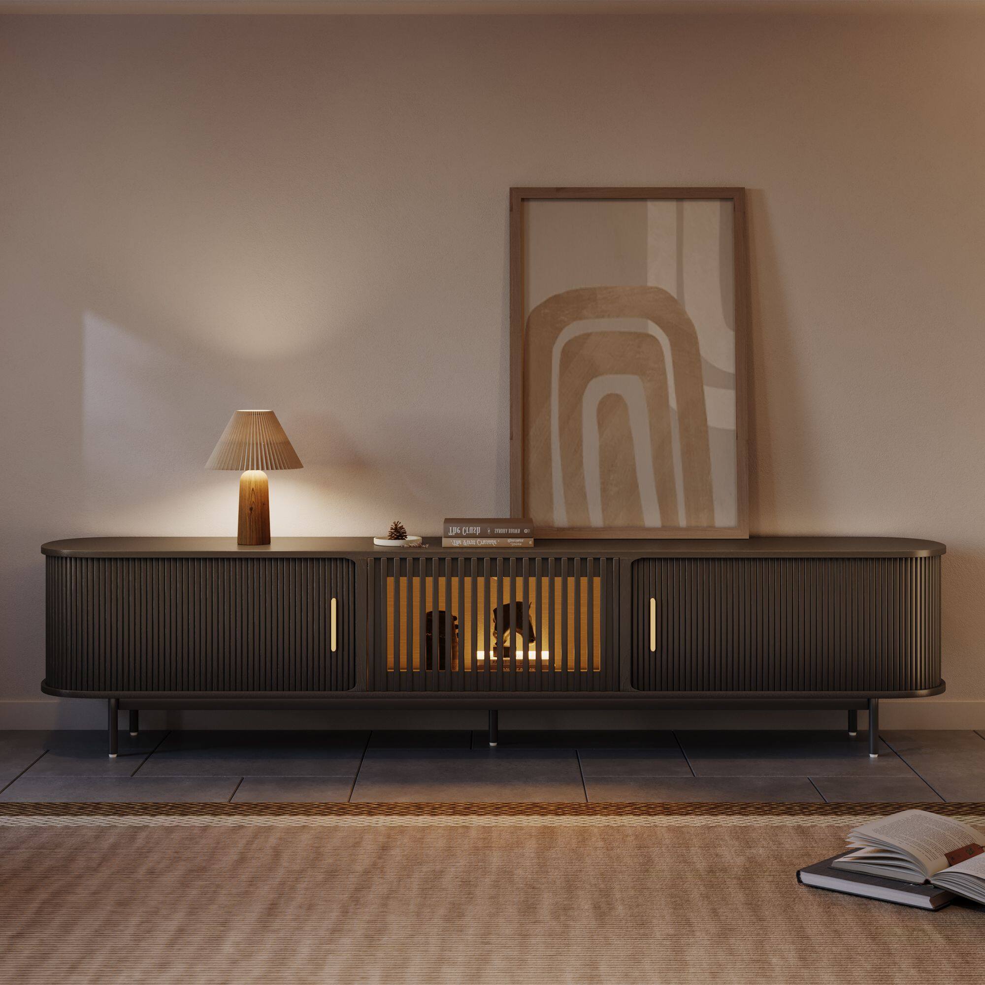 Angle. POVISON - 94"Mid-Century Modern Tambour Door TV Stand,Black with LED Lights - Black with LED Lights.