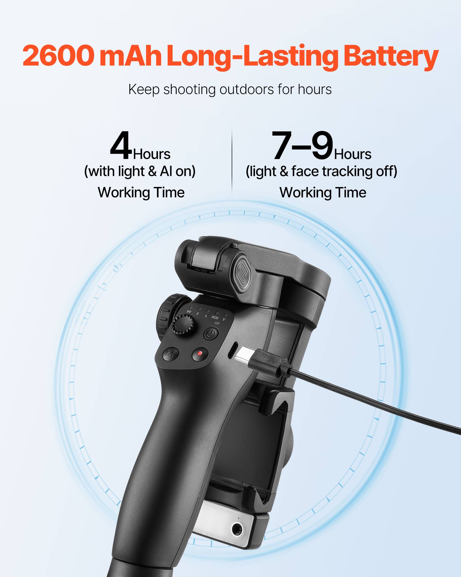 2600 mAh Long-Lasting Battery  
Keep shooting outdoors for hours  

4 Hours  
(with light & AI on)  
Working Time  

7-9 Hours  
(light & face tracking off)  
Working Time
