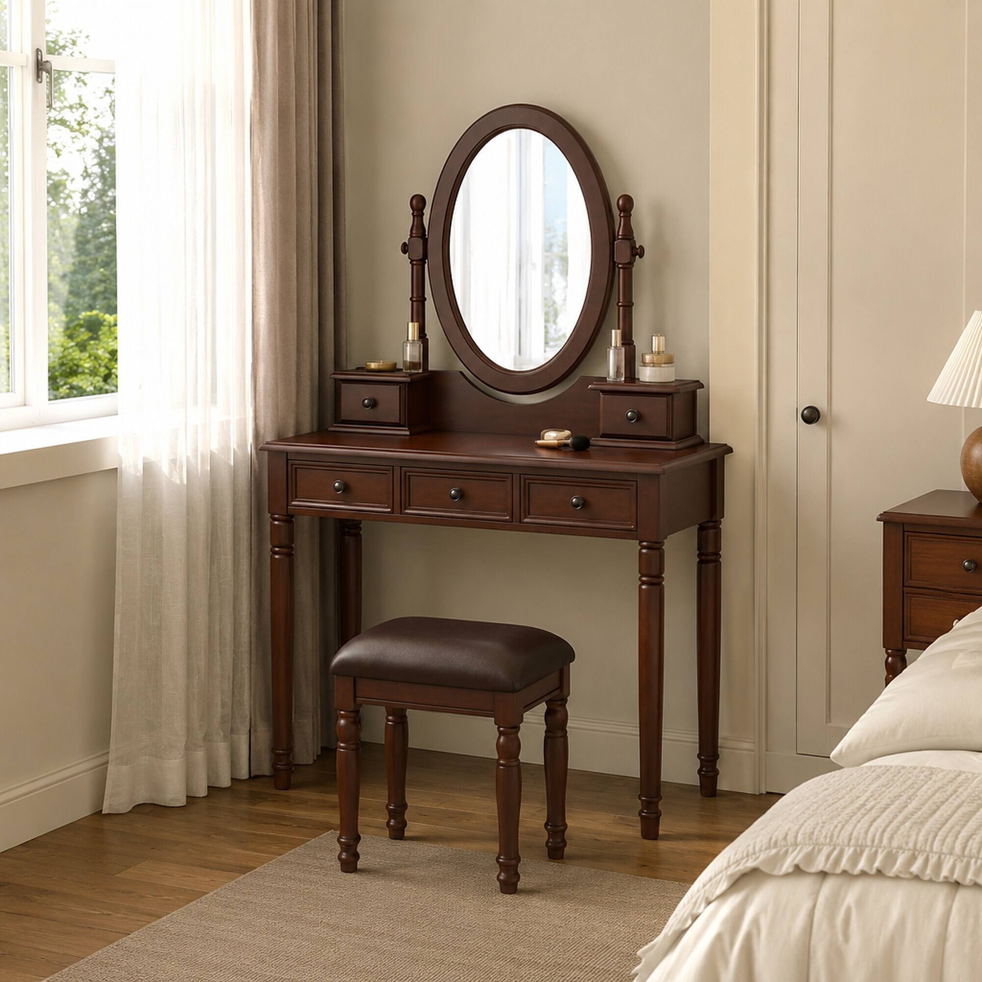 Back. RYHNUYNE - Vintage Vanity Desk Set, Walnut Rubber Wood Makeup Table, Cushioned Stool, 5 Velvet-Lined Drawers, 180-Degree Mirror - Walnut.