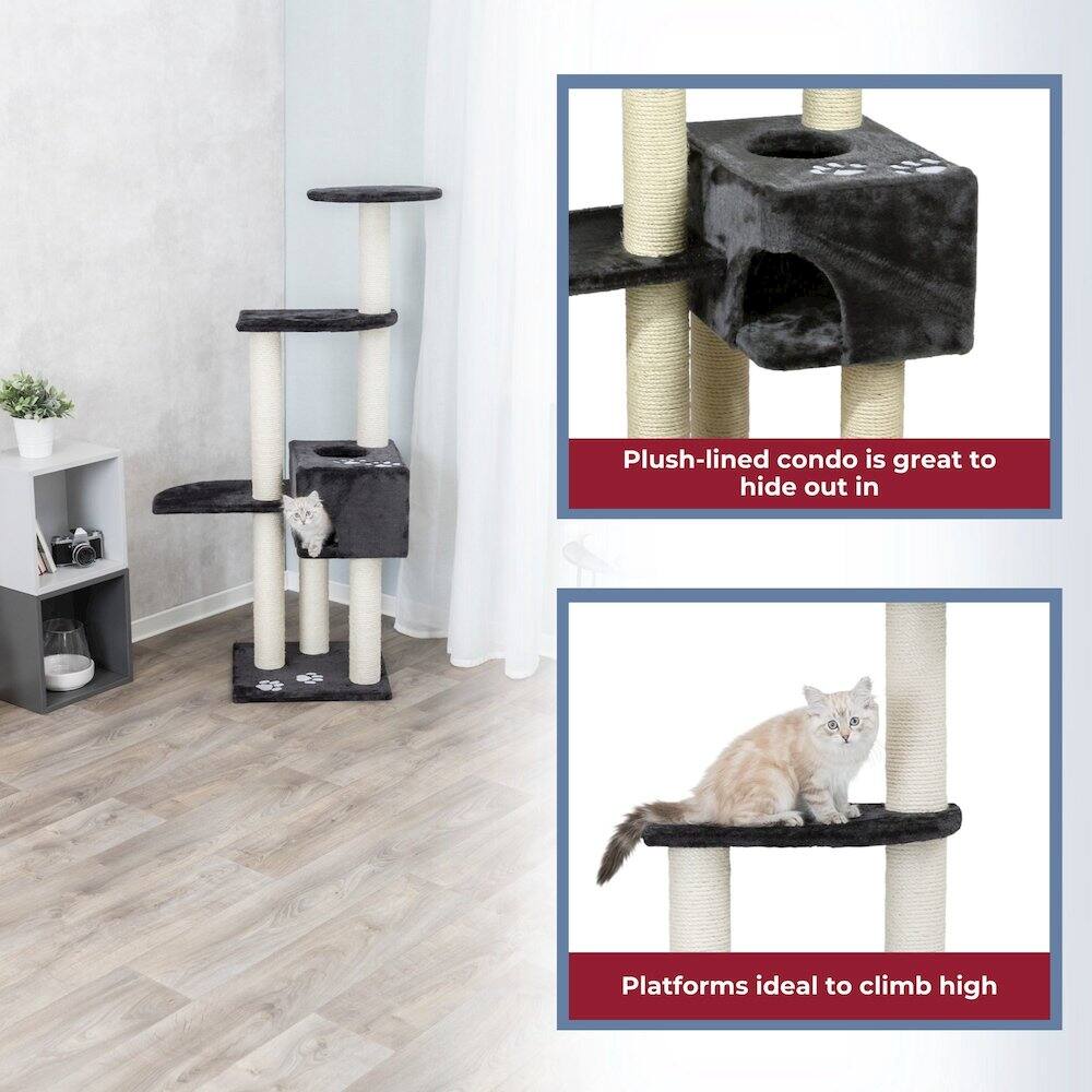 Plush-lined condo is great to hide out in  
Platforms ideal to climb high