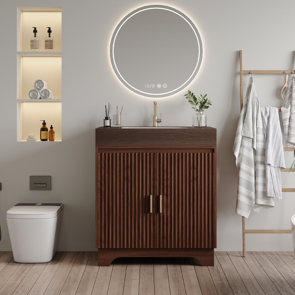 Loheer - 30 inch freestanding bathroom vanity sintered stone countertop plywood bathroom cabinet - Walnut