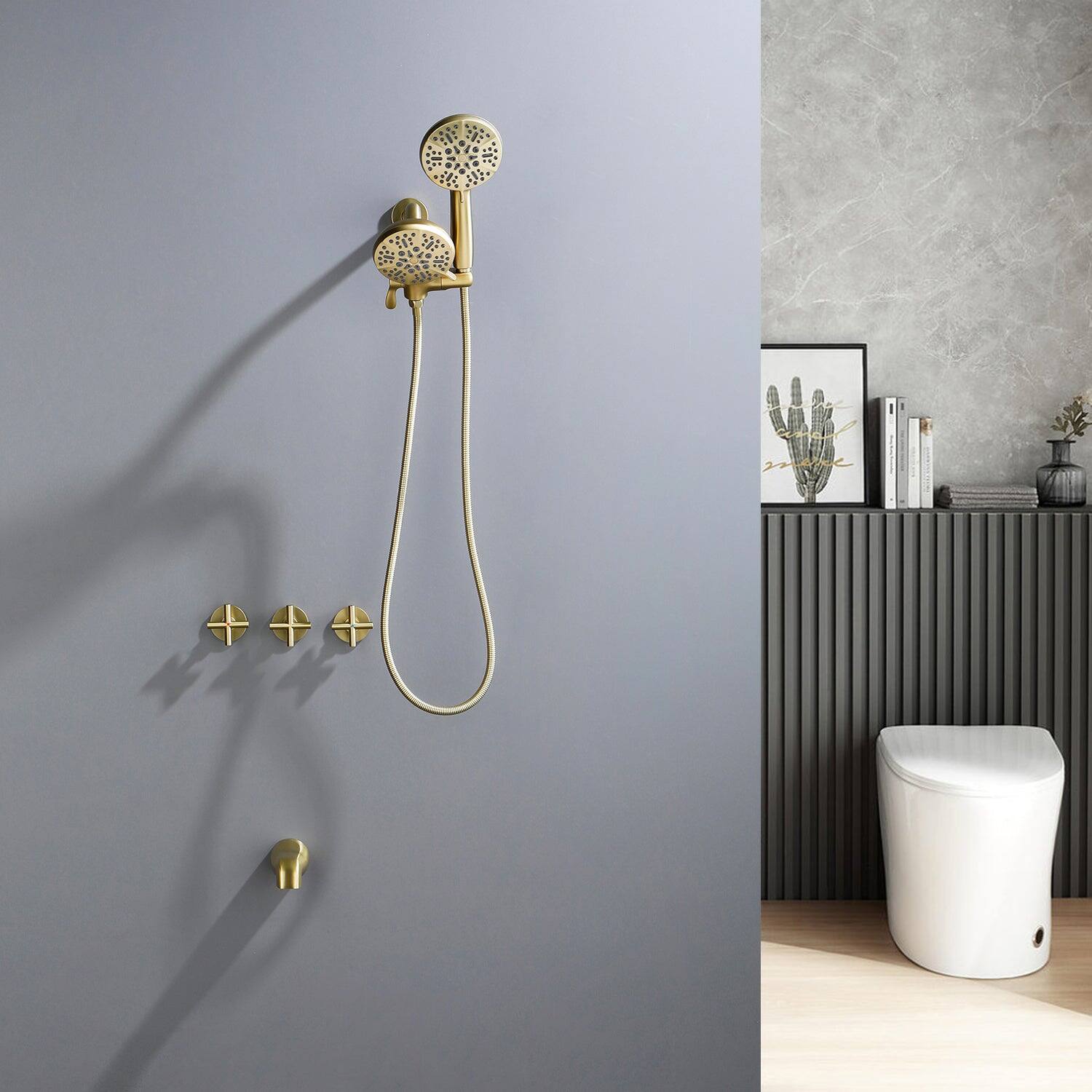 Alt View 2. Boyel Living - Brushed Gold Shower Set with Three Handle Control and Seven Function Dual Shower Heads - Brushed Gold.