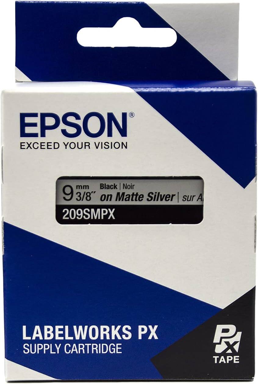 EPSON  
EXCEED YOUR VISION  

9 mm 3/8" on Matte Silver | sur A  
209SMPX  

LABELWORKS PX  
SUPPLY CARTRIDGE  

PX TAPE