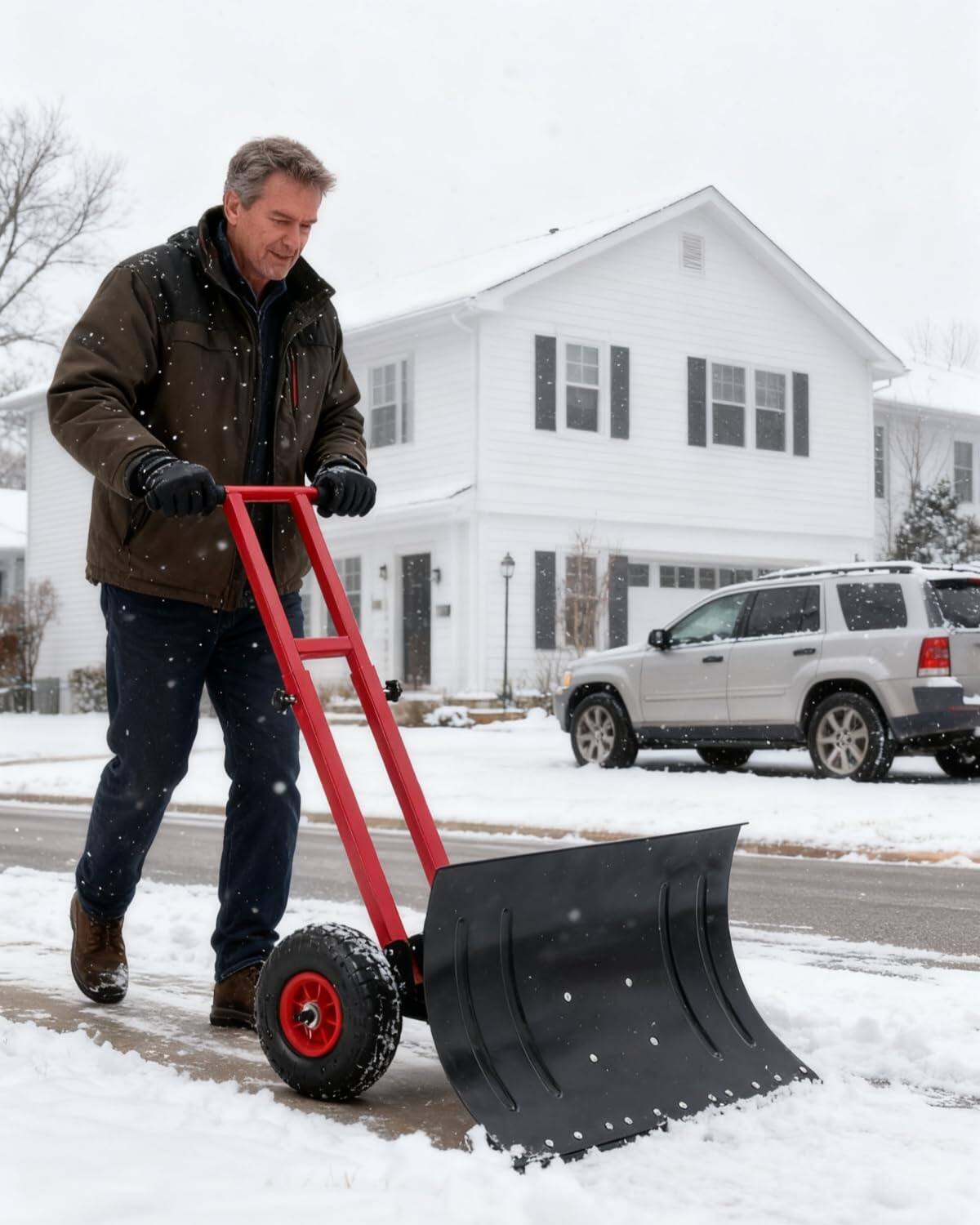 Front. Qeetex - Snow Shovel with Wheels, Adjustable Handle & Angled Blade, Double Rod Push Snow Plow for Driveway(29.1W x 14.2H) - Black&Red.