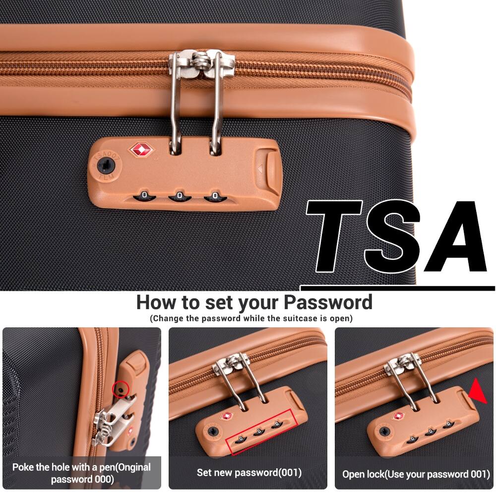 TSA

How to set your Password  
(Change the password while the suitcase is open)

Poke the hole with a pen (Original password 000)  
Set new password (001)  
Open lock (Use your password 001)