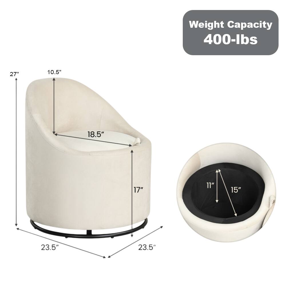 Weight Capacity: 400-lbs

Dimensions:
- Height: 27"
- Width: 23.5"
- Depth: 23.5"
- Seat Height: 17"
- Seat Width: 18.5"
- Seat Depth: 10.5"
- Inner Diameter: 15"
- Inner Height: 11"