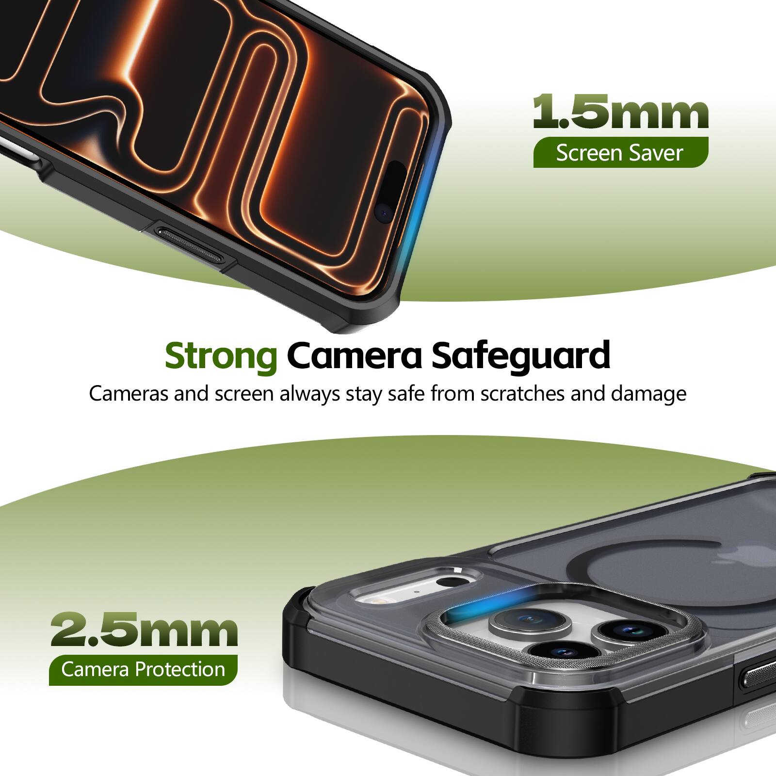 1.5mm Screen Saver  
Strong Camera Safeguard  
Cameras and screen always stay safe from scratches and damage  

2.5mm Camera Protection