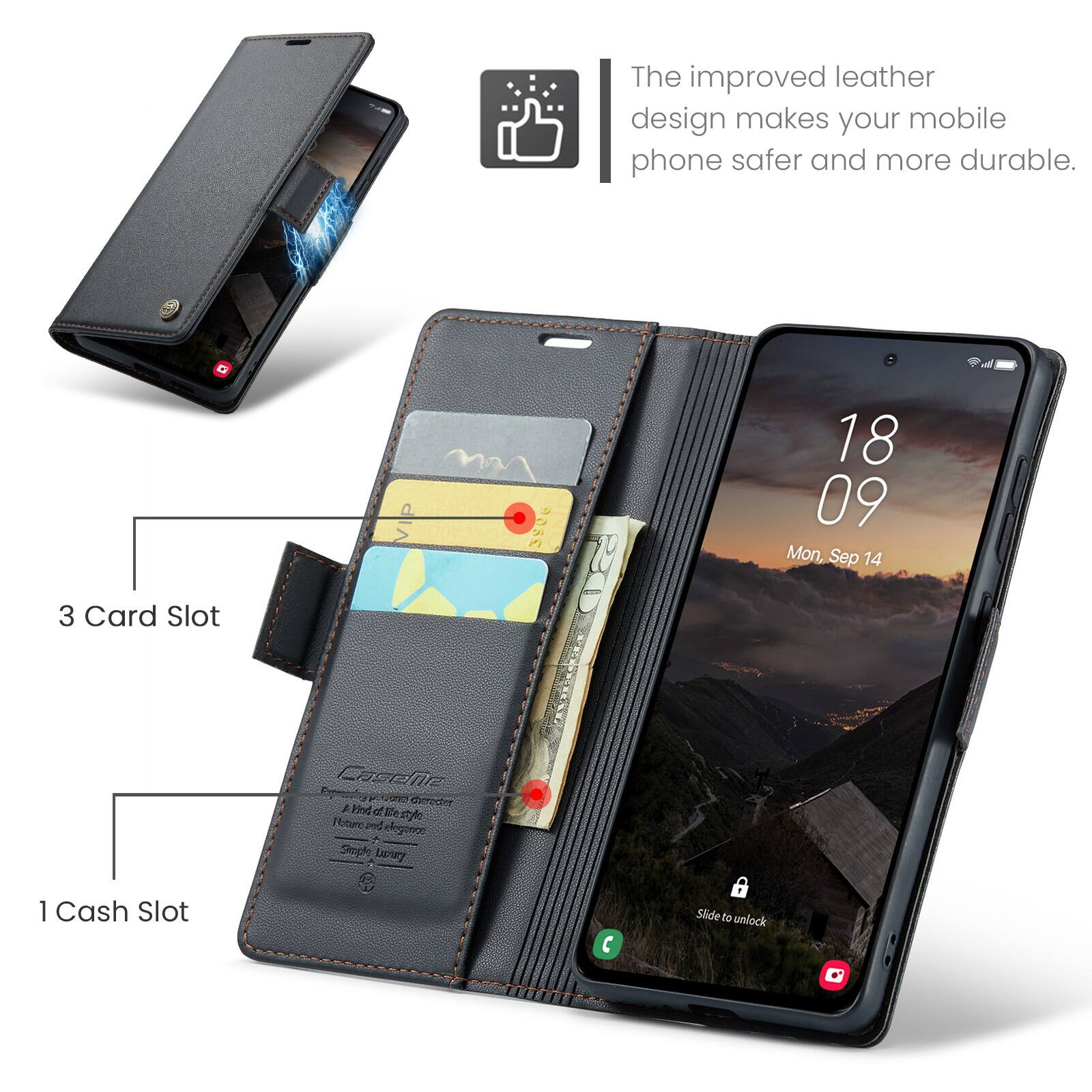 The improved leather design makes your mobile phone safer and more durable.  
18 09 Mon, Sep 14  
3 Card Slot  
Coselle  
For Greder Ate ef Mesty Floture and elegance  
+ Simple Sty 1 Cash Slot  
Slide to unlock