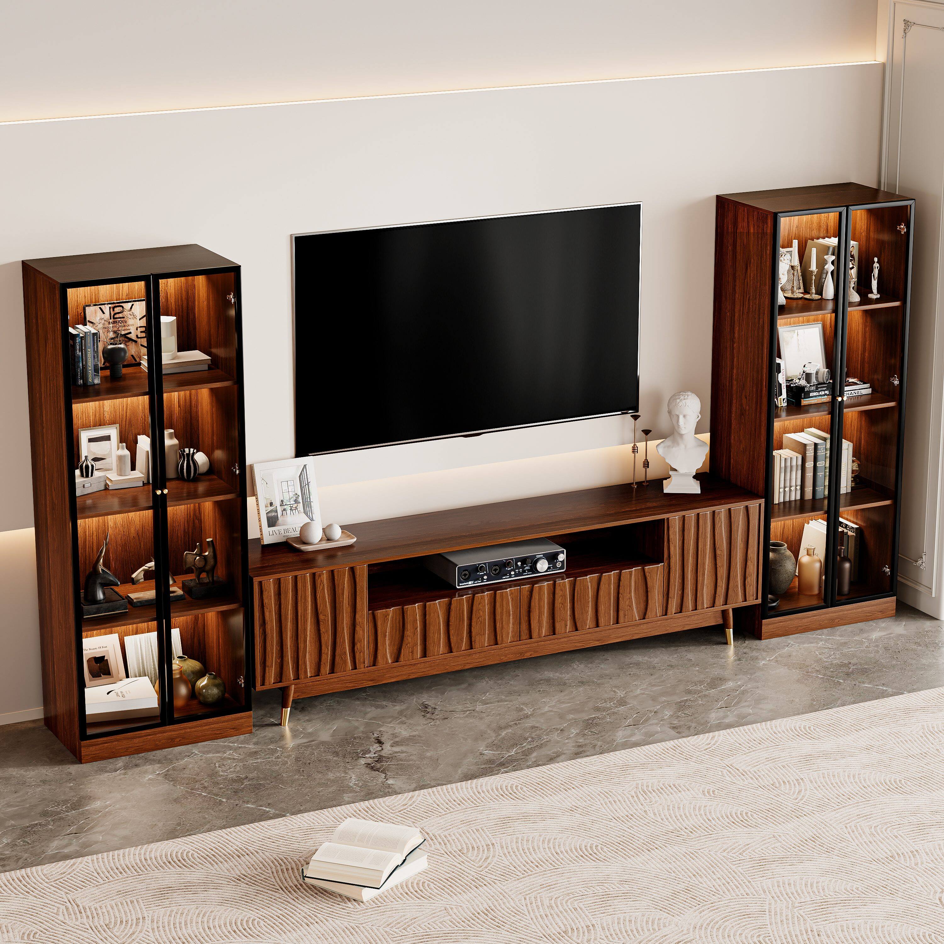 Alt View 2. MSOOB - 125.9''W Walnut Furniture Set Includes A TV Stand and Two Glass Display, For TVs up to 85'', For Display and Collection - brown.