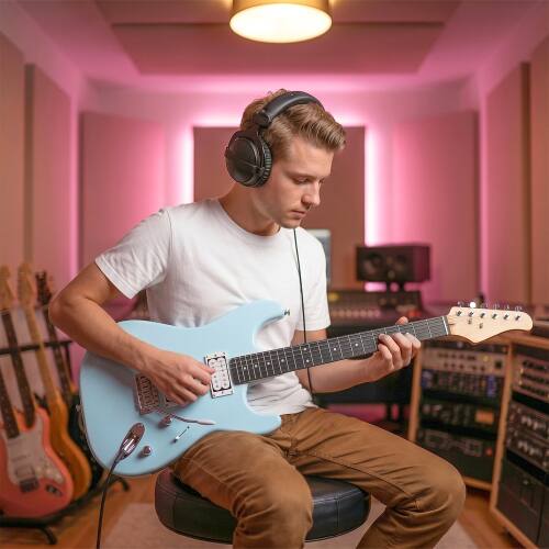 Angle. Winado - 39 Inch Solid Body 6 String KST Electric Guitar with 20W Amp H-H Pickup for Beginner with Portable Bag - Blue.
