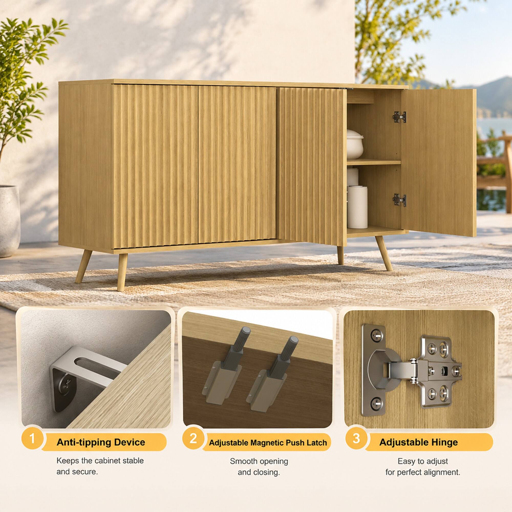 1. Anti-tipping Device
   - Keeps the cabinet stable and secure.

2. Adjustable Magnetic Push Latch
   - Smooth opening and closing.

3. Adjustable Hinge
   - Easy to adjust for perfect alignment.