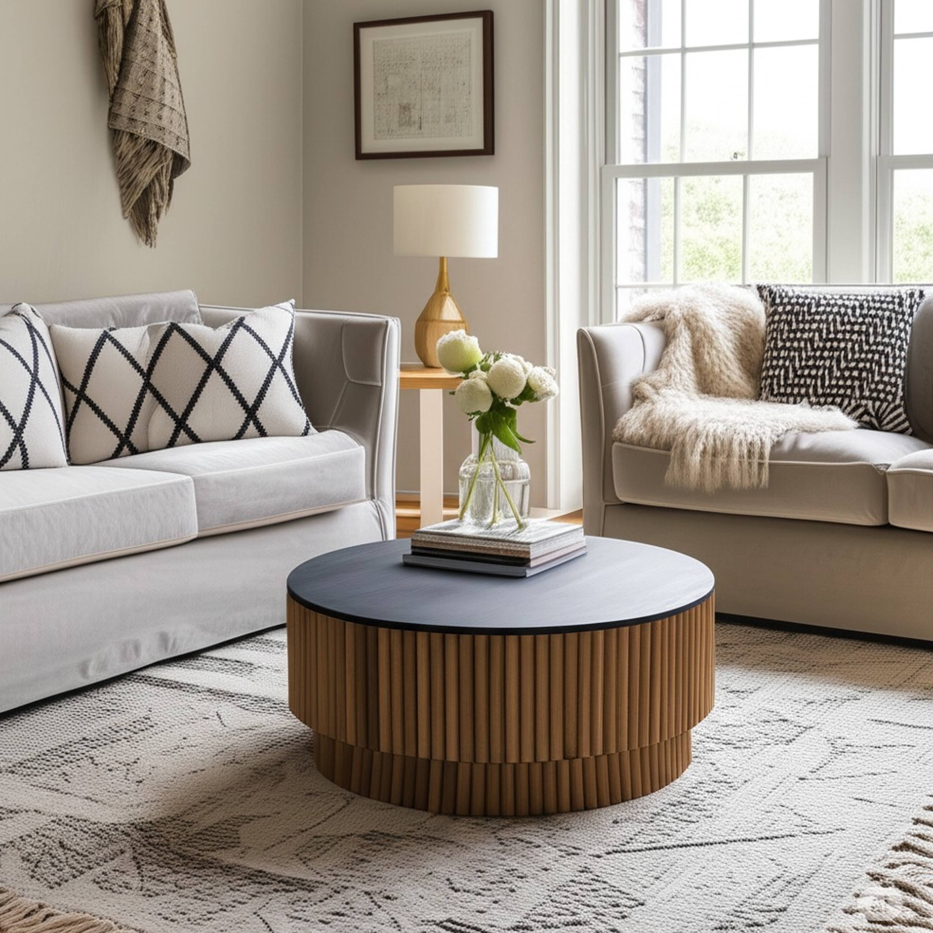 Alt View 5. Manhattan Lane - Montoya Coffee Table | 34" Round Black Top | Mango Wood Fluted Plinth Base - Black, Brown.
