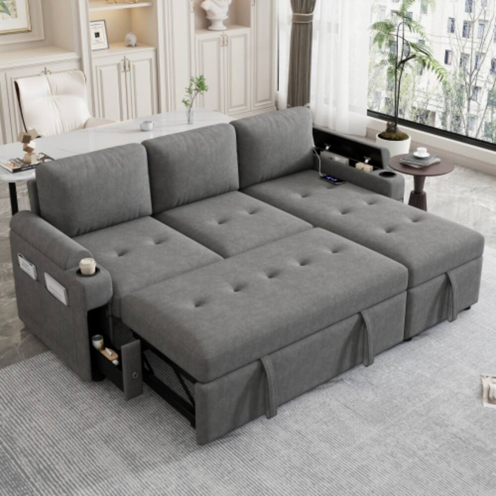 Angle. LUCKY ONE - 83.5" L-Shaped Convertible Sofa Bed w/ Storage Cup Holders USB Ports Chaise - Gray.