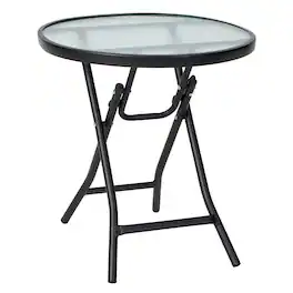Costway - Patio Folding Round Glass Side Table Bistro Coffee Table Plant Stand - Black