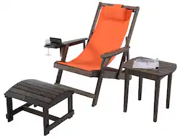 Jiallo - Romantic Collection Canvas Sling Chair with Cup and Wine Holder and Ottoman (Set of 3) - Dark Brown Color with Orange Fabric