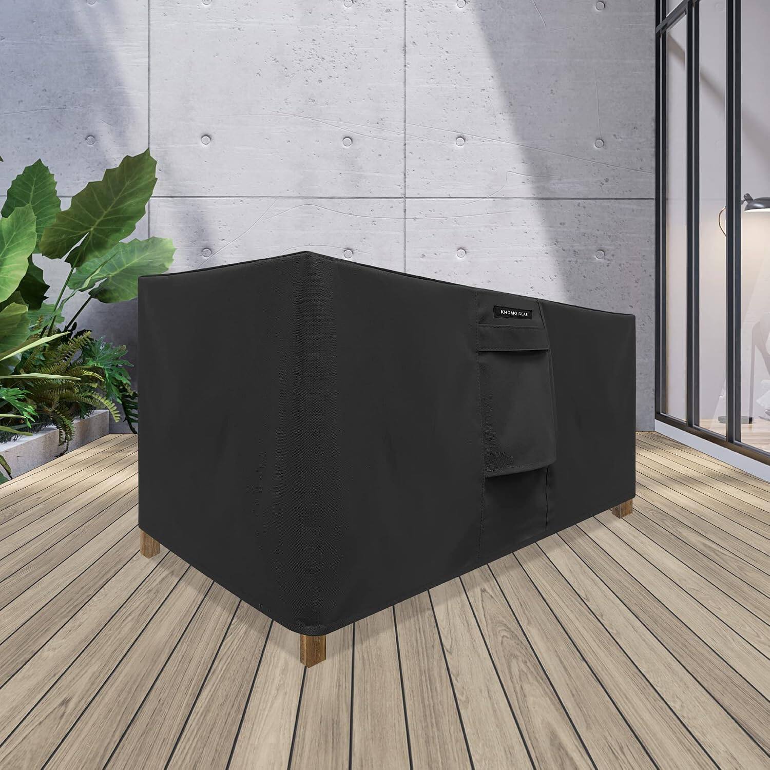 Angle. KHOMO GEAR - Square Table Cover - Waterproof, Heavy-Duty Outdoor Furniture Cover Fits Patio Coffee - 48x13x28 - Black.