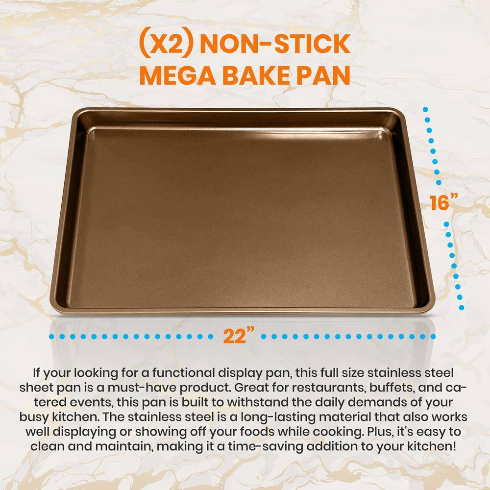 (x2) NON-STICK MEGA BAKE PAN

16" x 22"

If you're looking for a functional display pan, this full size stainless steel sheet pan is a must-have product. Great for restaurants, buffets, and catered events, this pan is built to withstand the daily demands of your busy kitchen. The stainless steel is a long-lasting material that also works well displaying or showing off your foods while cooking. Plus, it's easy to clean and maintain, making it a time-saving addition to your kitchen!