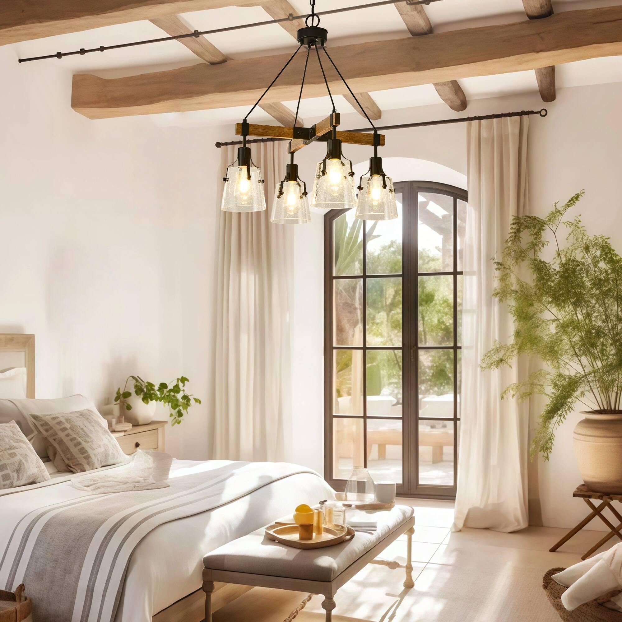 Back. RYHNUYNE - 4 Light Farmhouse Chandelier 22.83in Rustic Pendant Light Fixture with Seeded Glass Shades, Wood Chandeliers.