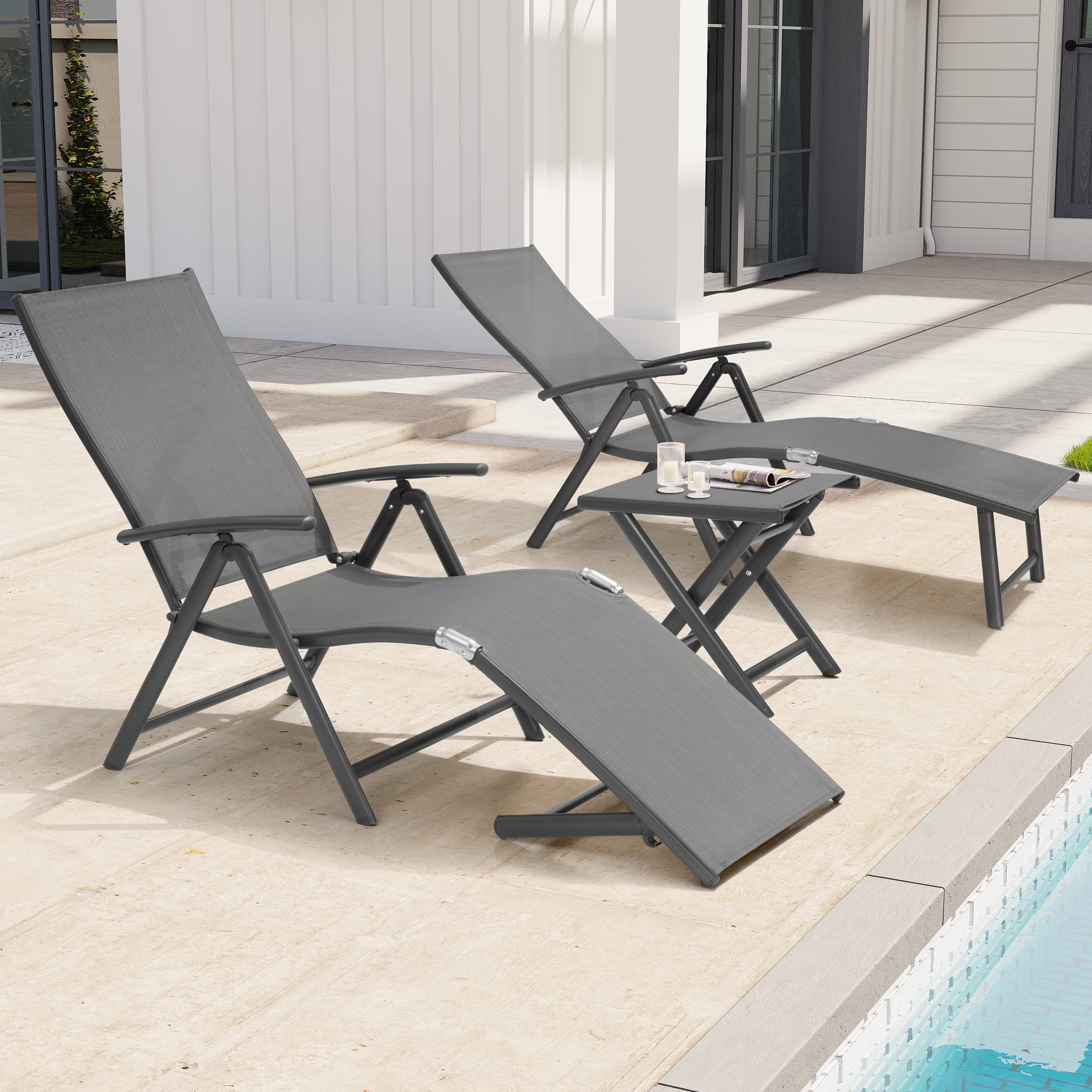 Crestlive Products - Outdoor Aluminum Adjustable Folding Chaise Lounge Chairs and Foldable Side Table - Gray