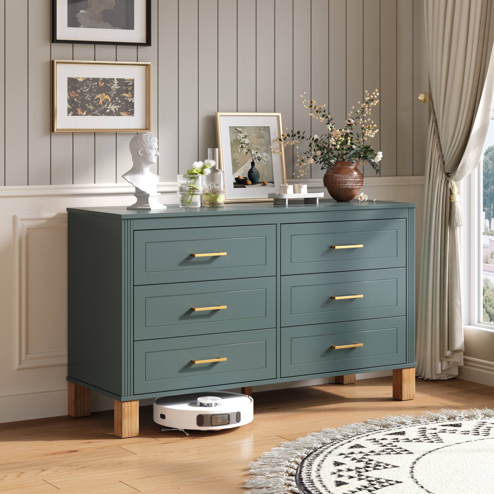 Left. Loheer - Loheer 6-Drawer Double Dresser in Blue Modern Solid Wood Kids Bedroom Cabinet - Blue.
