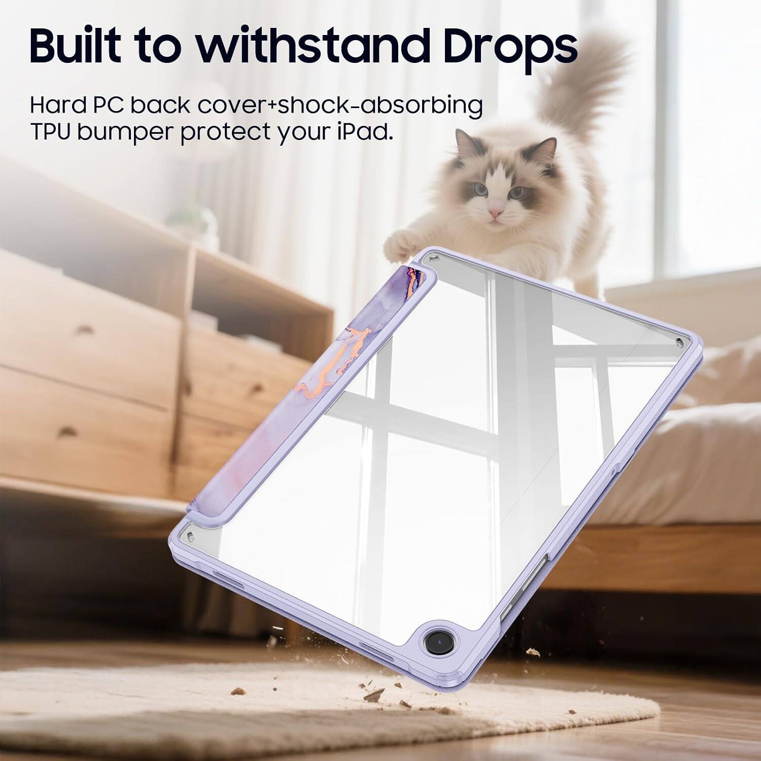 Built to withstand Drops

Hard PC back cover+shock-absorbing TPU bumper protect your iPad.