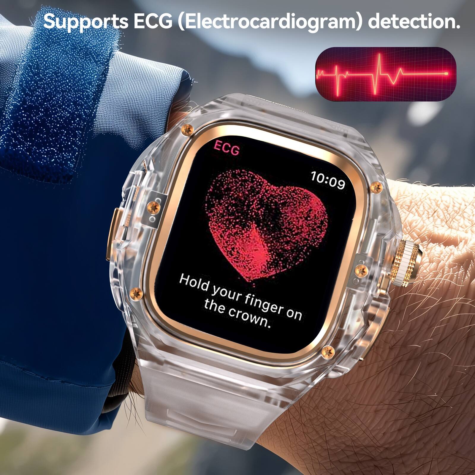 Supports ECG (Electrocardiogram) detection. ECG 10:09 Hold your finger on the crown.