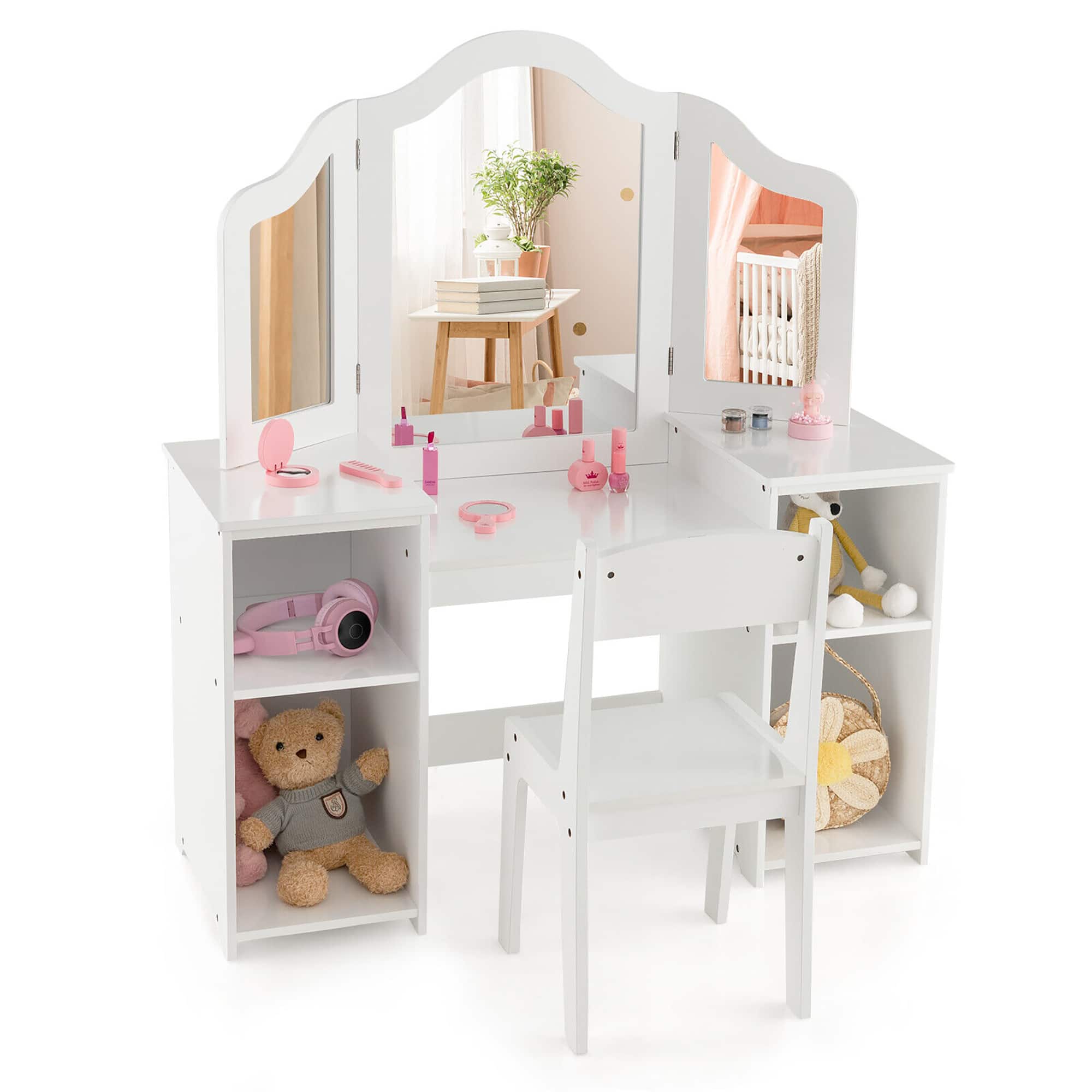 Gymax - Kids Vanity 2 in 1 Princess Makeup Desk & Chair Set Safe Tri-fold Mirror - White