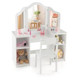 Gymax - Kids Vanity 2 in 1 Princess Makeup Desk & Chair Set Safe Tri-fold Mirror - White