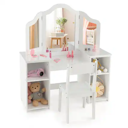 Front. Gymax - Gymax Kids Vanity 2 in 1 Princess Makeup Desk & Chair Set Safe Tri-fold Mirror White - White.