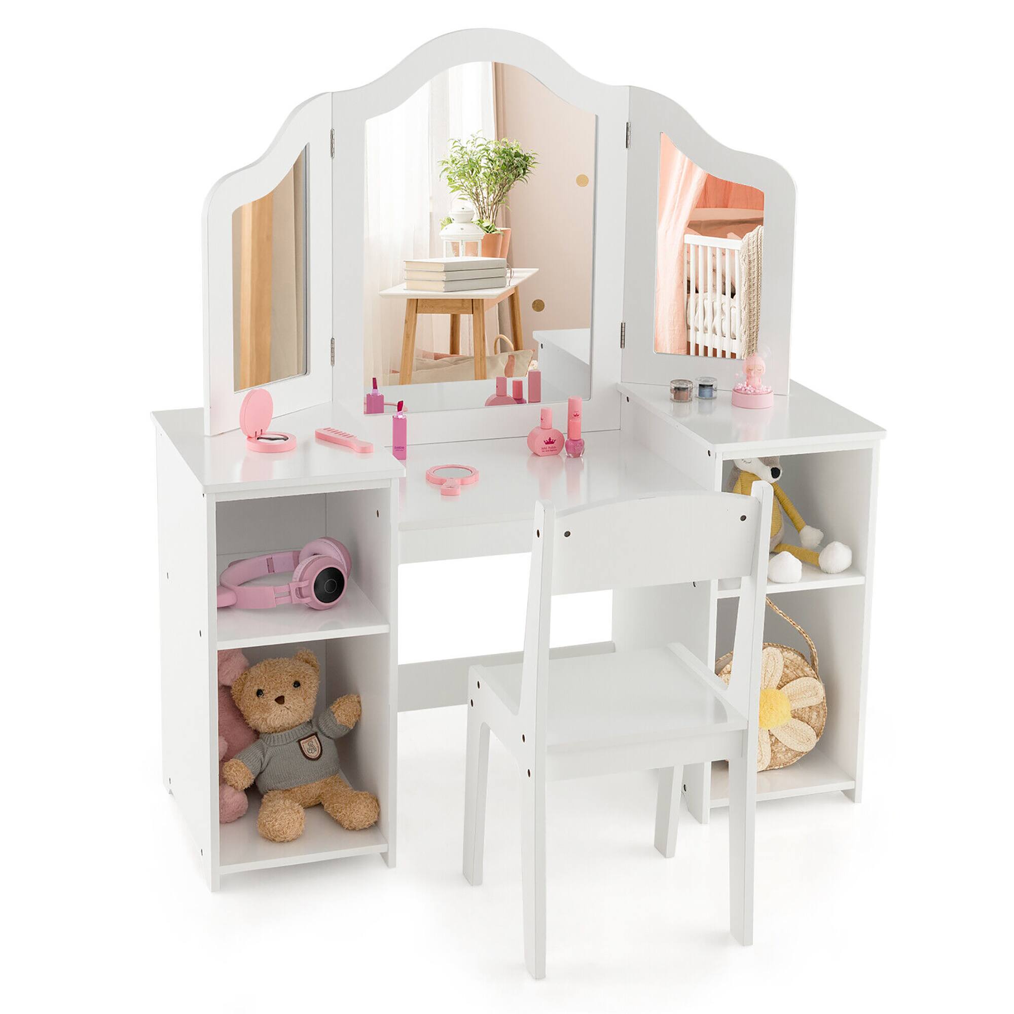 Front. Gymax - Gymax Kids Vanity 2 in 1 Princess Makeup Desk & Chair Set Safe Tri-fold Mirror White - White.