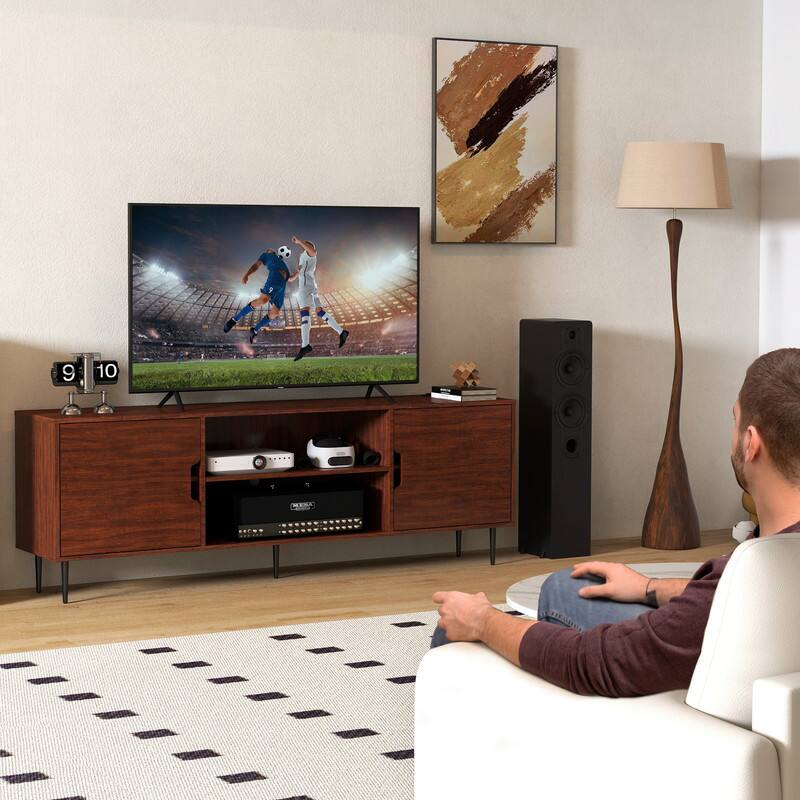 Alt View 7. Skyzoo - Skyzoo Mid-Century TV Stand for 50-85" TVs, Walnut Media Console with 2 Storage Cabinets & Open Shelves for Living Room - Walnut.