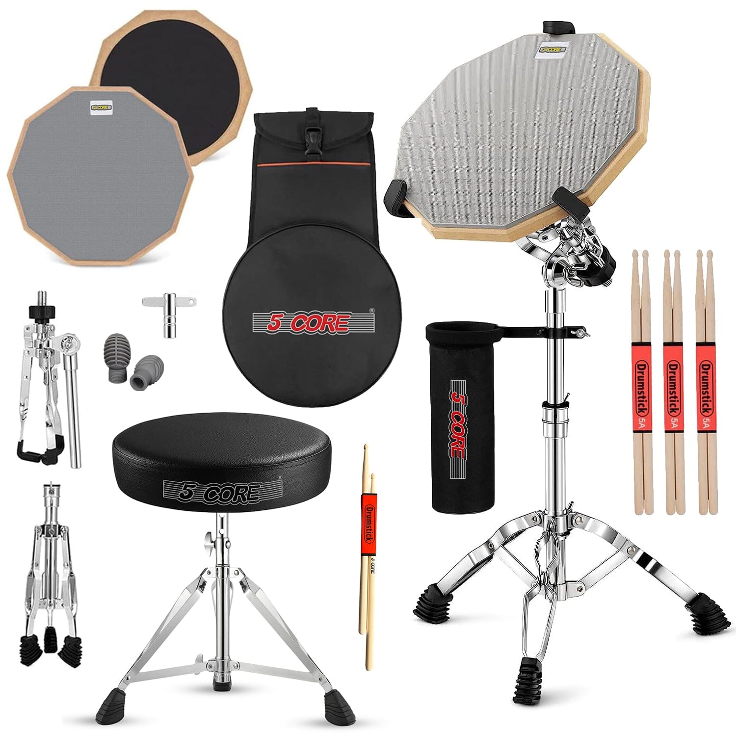 5 CORE - Drum Throne Adjustable Guitar Stool Padded Seat + Drum Practice Pad Snare Drumming Stand - Grey