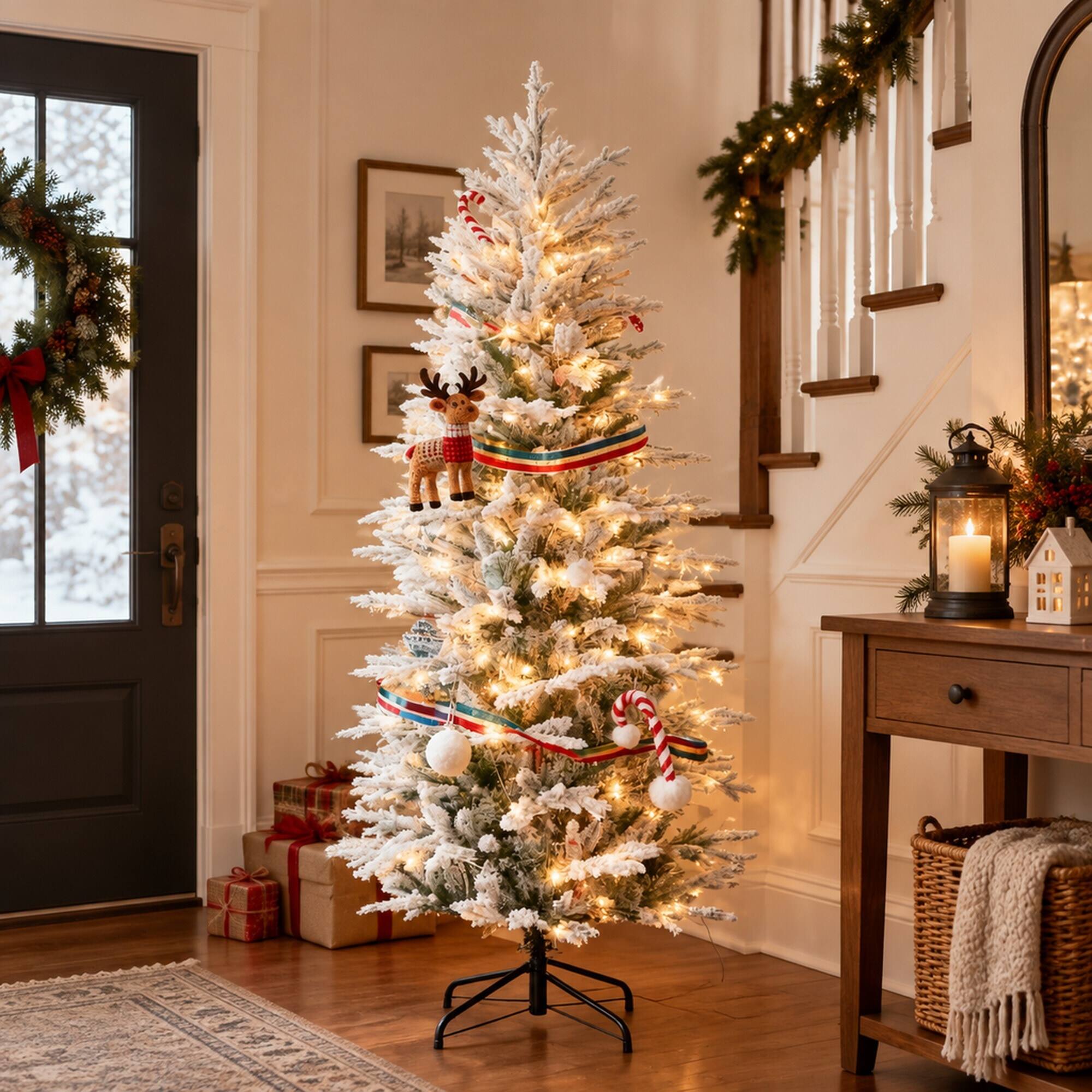 Alt View 1. RYHNUYNE - Artificial Flocked Christmas Tree With Snow Branches, Warm Yellow Clear Lights Auto Open Hinged Holiday Decor - Green.